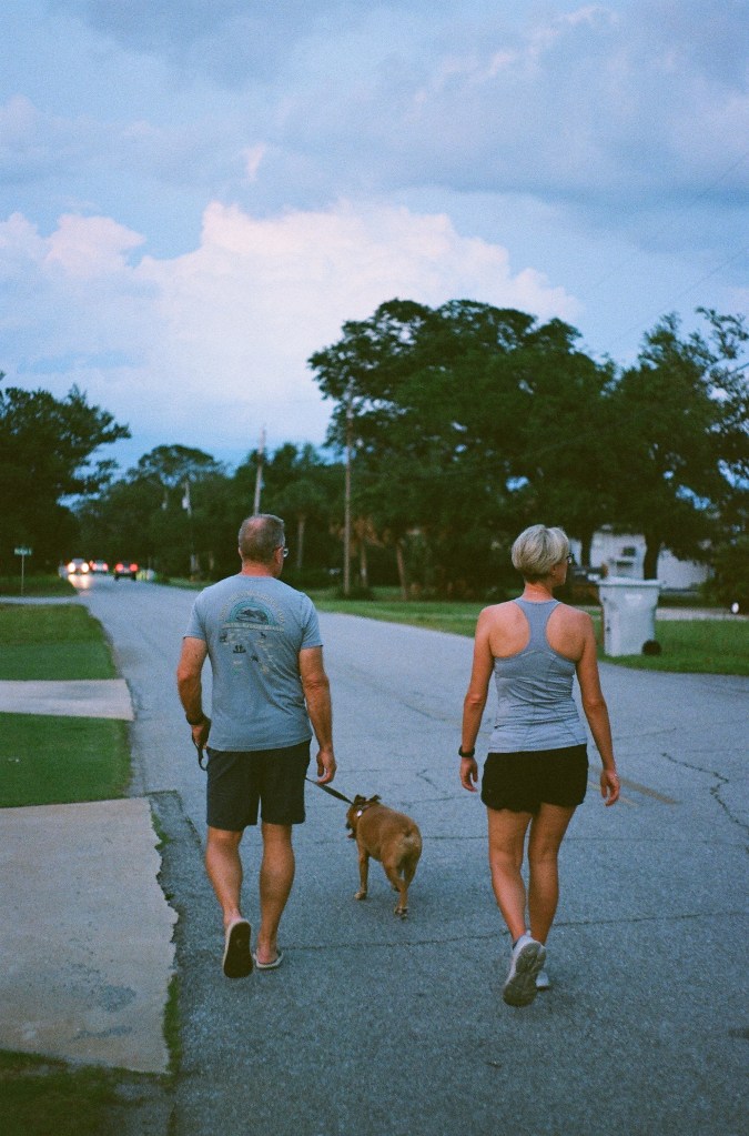 Two people walk a dog in the dimming light of evening, backs facing the camera. Both wear light blue tops, black shorts, and eyeglasses. One on the left is a man in his late 60s with very short salt-and-pepper brown hair. He is holding the dog's leash. The dog is a tan bulldog mix. The one on the right is a woman in her early 40s with short blonde hair. They are walking down a road with driveways and trimmed grass on either side. Cars are visible ahead of them. Power lines and scrubby trees also line the road.