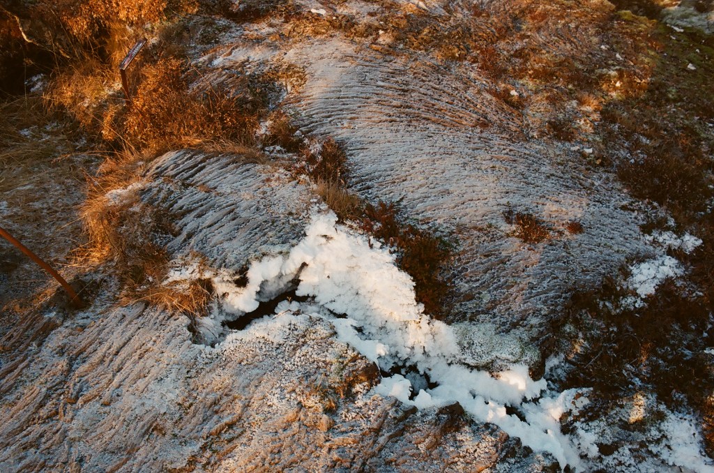 Moss and and grass cover rocky ground, which is dusted with feathery ice. At the center, crystalline ice has formed and the ground below appears hollow.