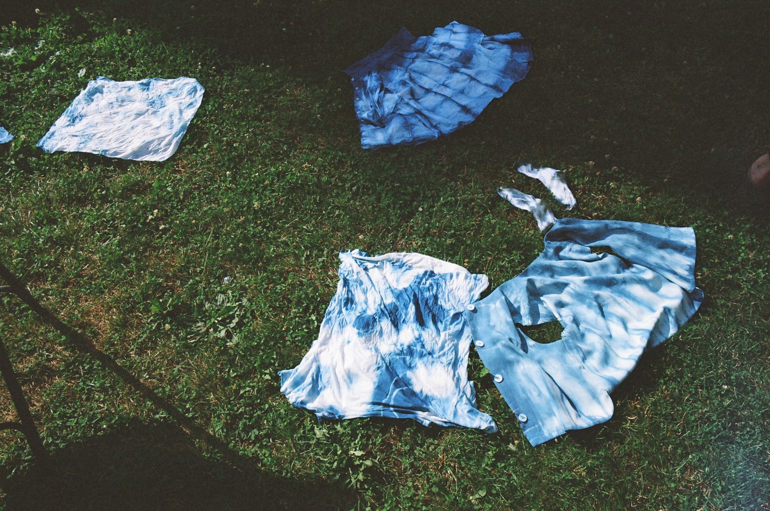 Wet indigo-dyed clothing is scattered on green grass